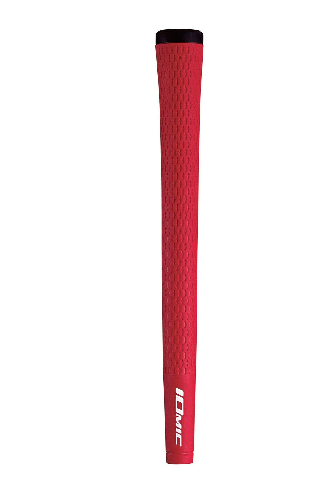 Red golf club grip with textured surface and black end cap, branded ’ionic’ in white.