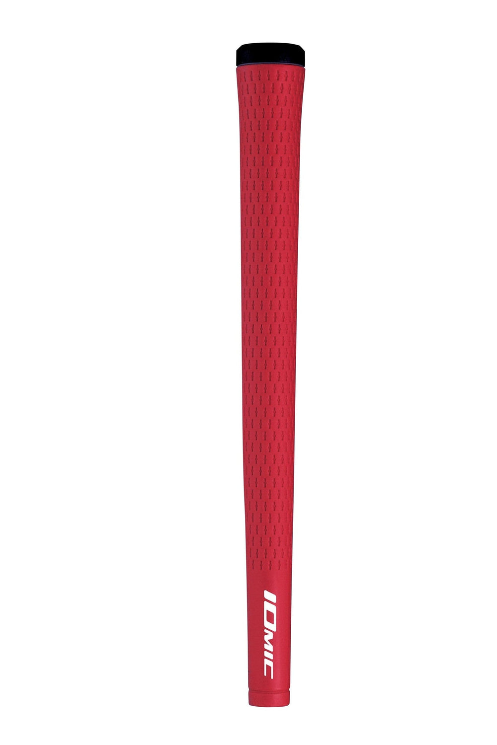Red textured golf club grip with black end cap and ’ionic’ branding.