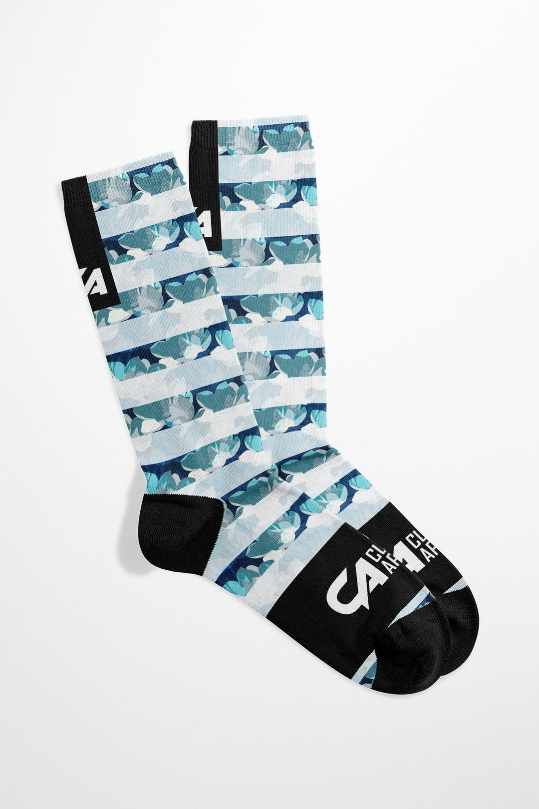 Blue and white striped shark socks with black accents.