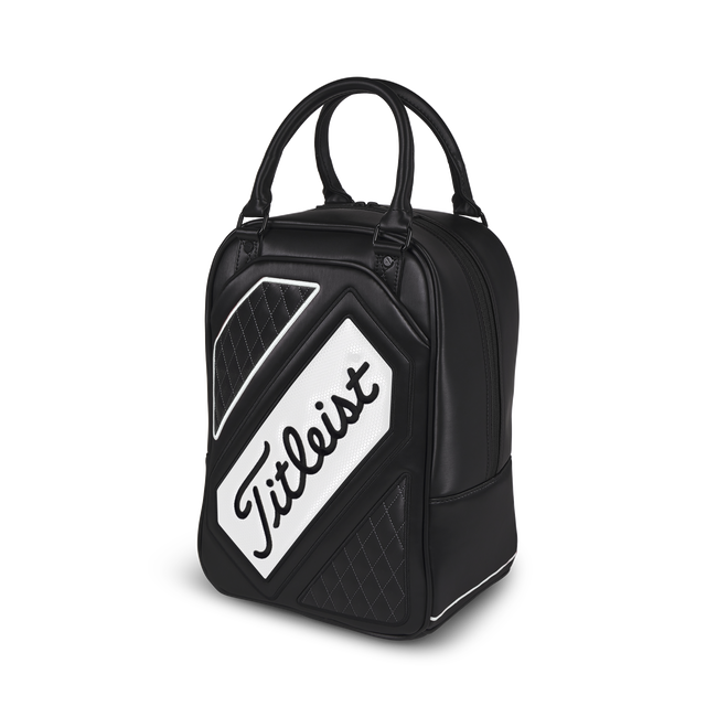 Black Titleist golf practice bag with white logo and diagonal stripes