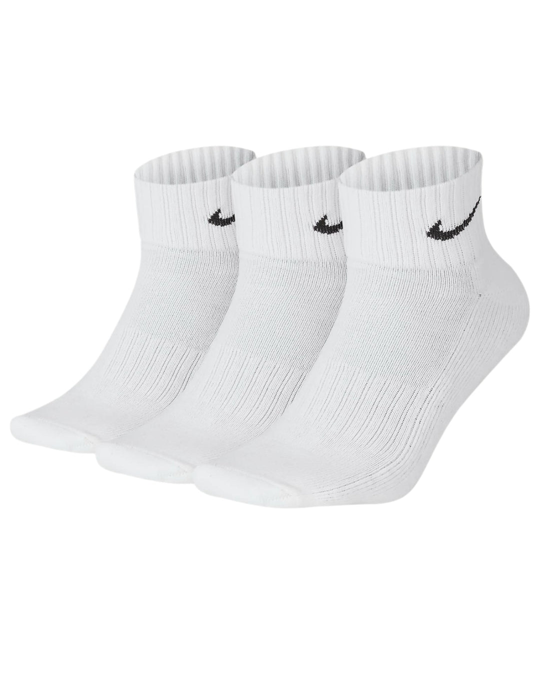 White nike athletic socks with black swoosh design and ribbed texture.