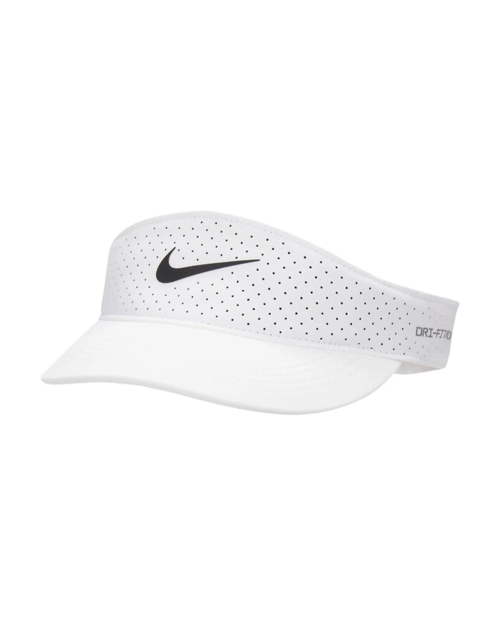 Nike white perforated visor with black swoosh logo.