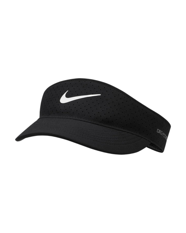 Black nike visor with white swoosh and perforated ventilation holes.