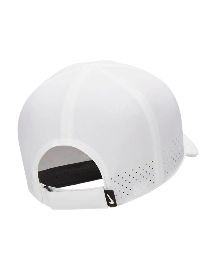 White nike cap with perforated brim and adjustable strap.