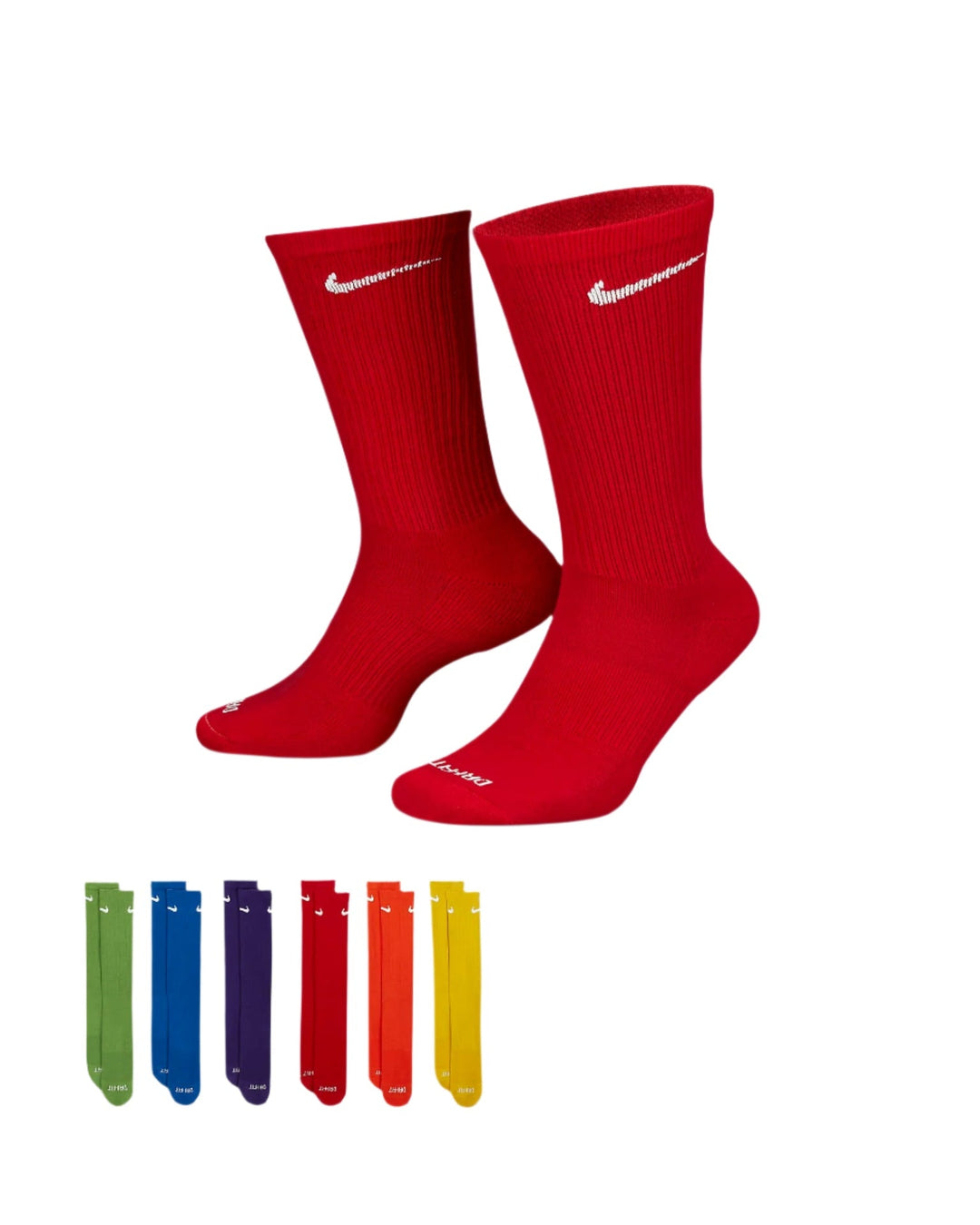 Red nike crew socks with white swoosh logo and black text.