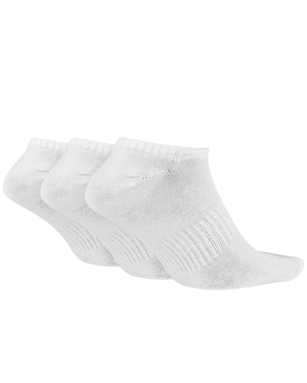White athletic socks with ribbed design and cushioned heel.