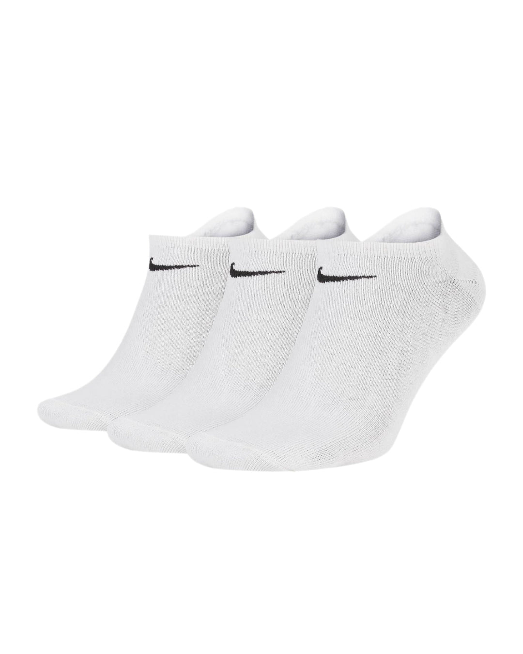 White nike athletic socks with black swoosh logo.