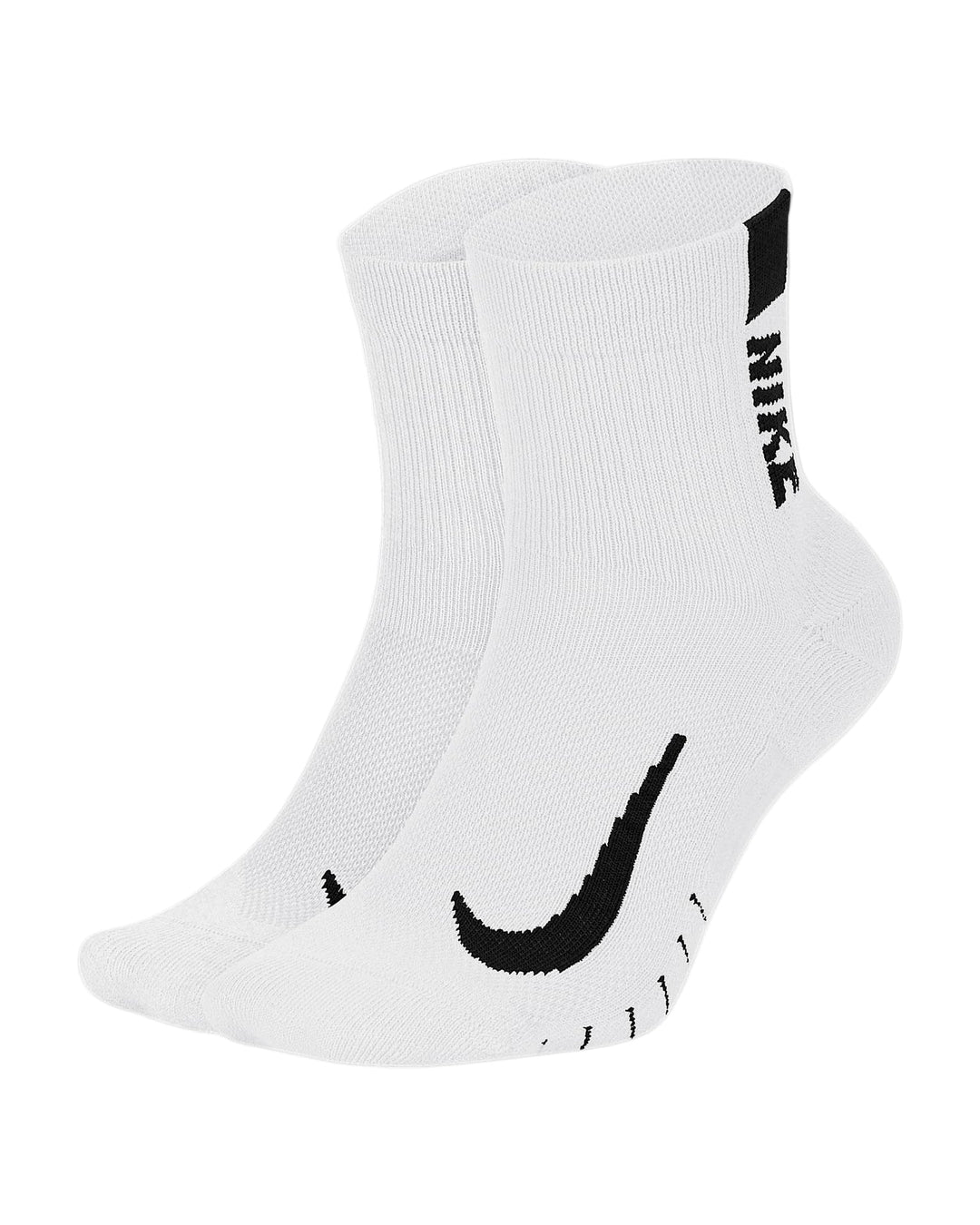 White nike athletic socks with black swoosh and text design.