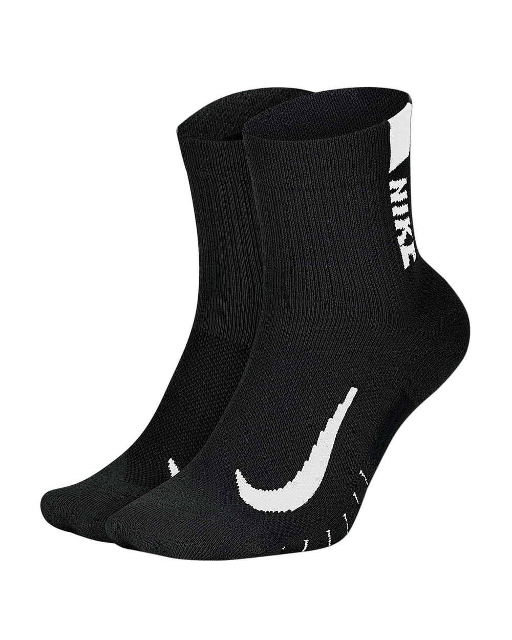 Black nike athletic socks with white swoosh and text design.