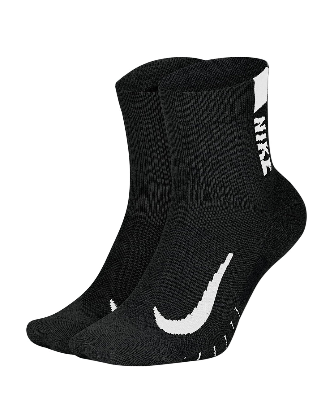 Black nike athletic socks with white swoosh and text design.
