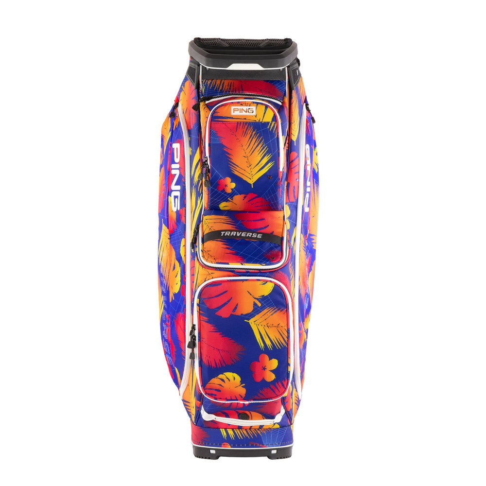 Ping golf bag with vibrant tropical leaf pattern and black accents.