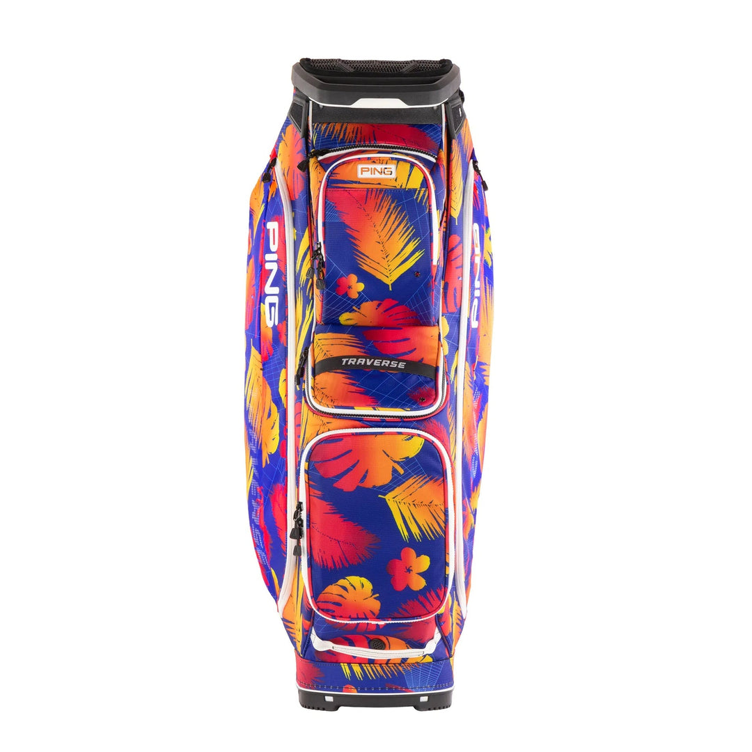 Ping golf bag with vibrant tropical leaf pattern and black accents.
