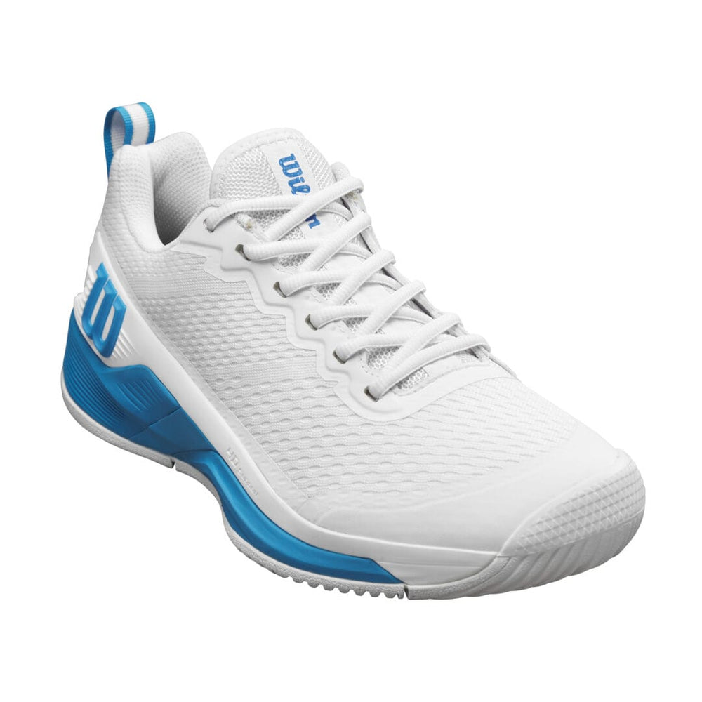 White and blue Wilson Rush Pro 4.5 men’s tennis shoe with mesh upper and rubber sole