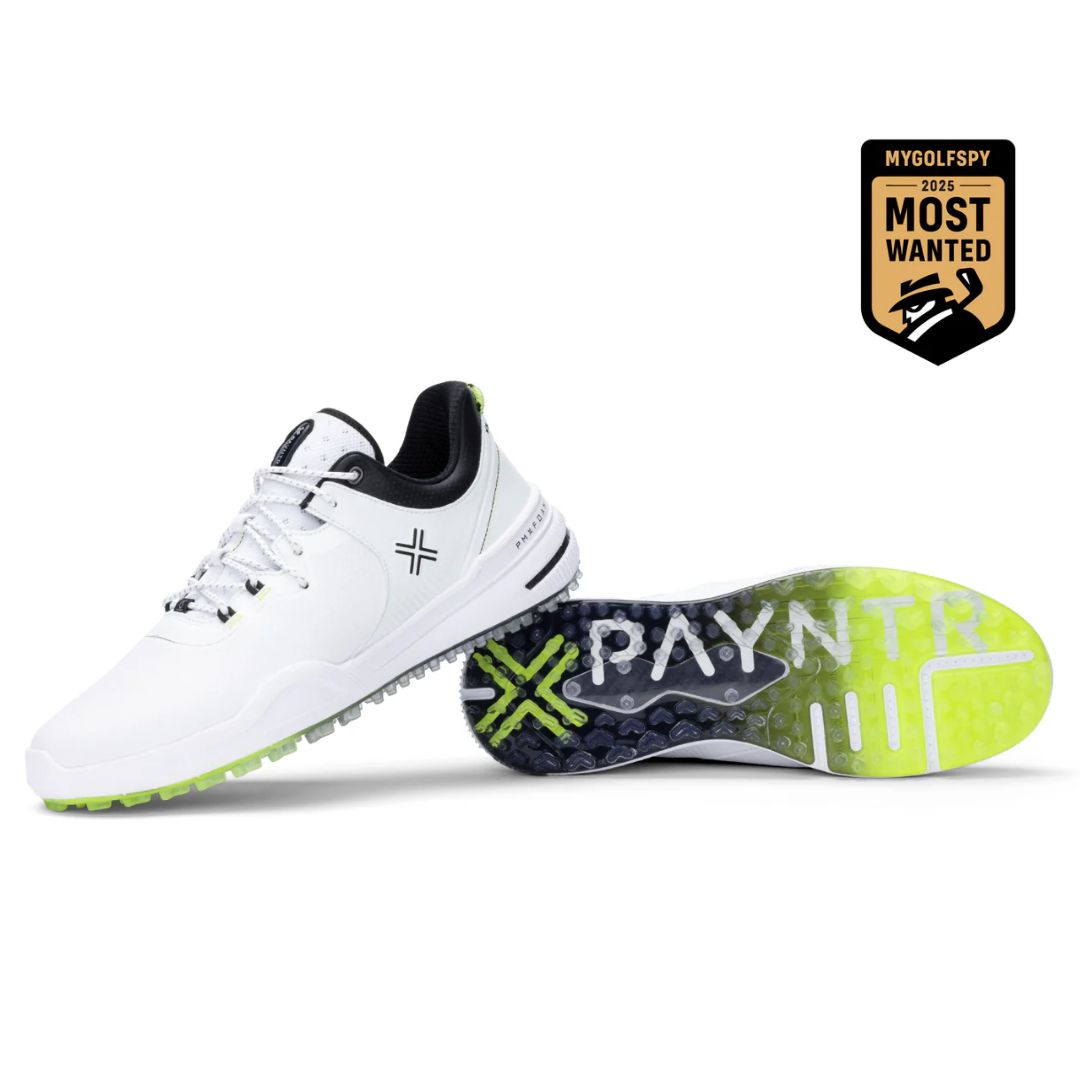 White and black golf shoe with lime green sole, designed for payntr brand.