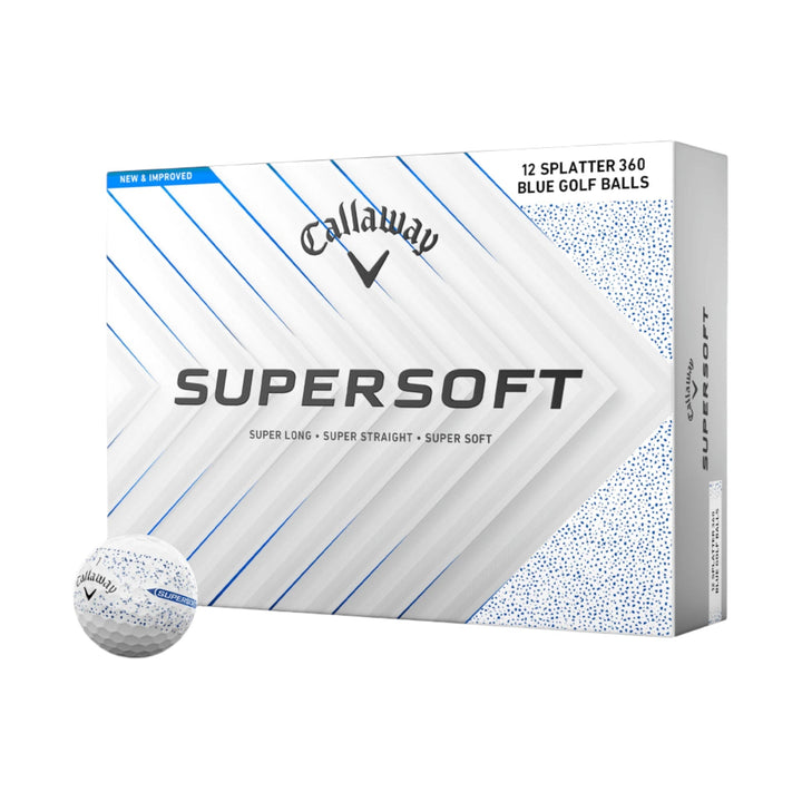 Callaway supersoft golf balls, white with blue speckles and lines.