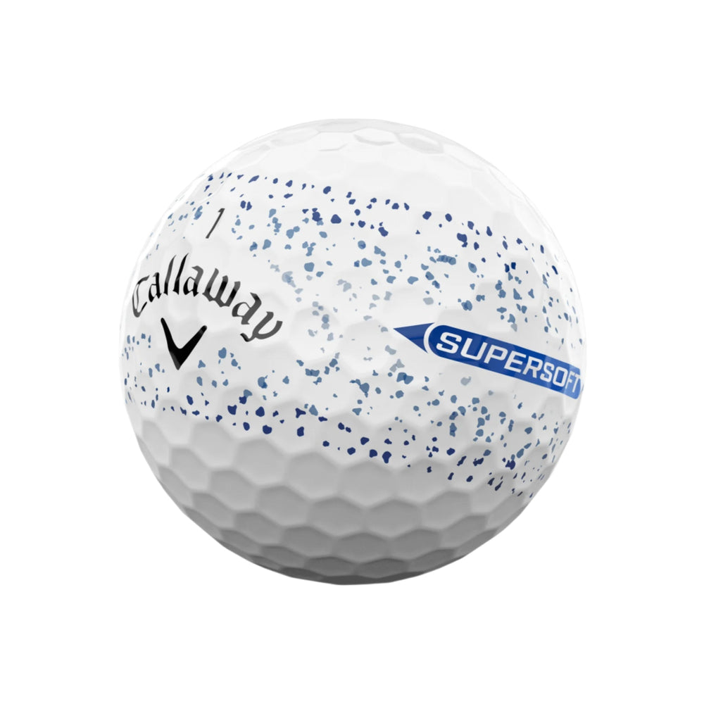 Callaway supersoft golf ball with white and blue speckled design.