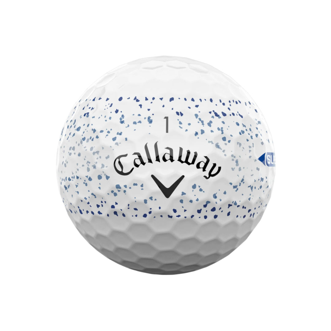 Callaway golf ball with blue speckled design and textured surface.