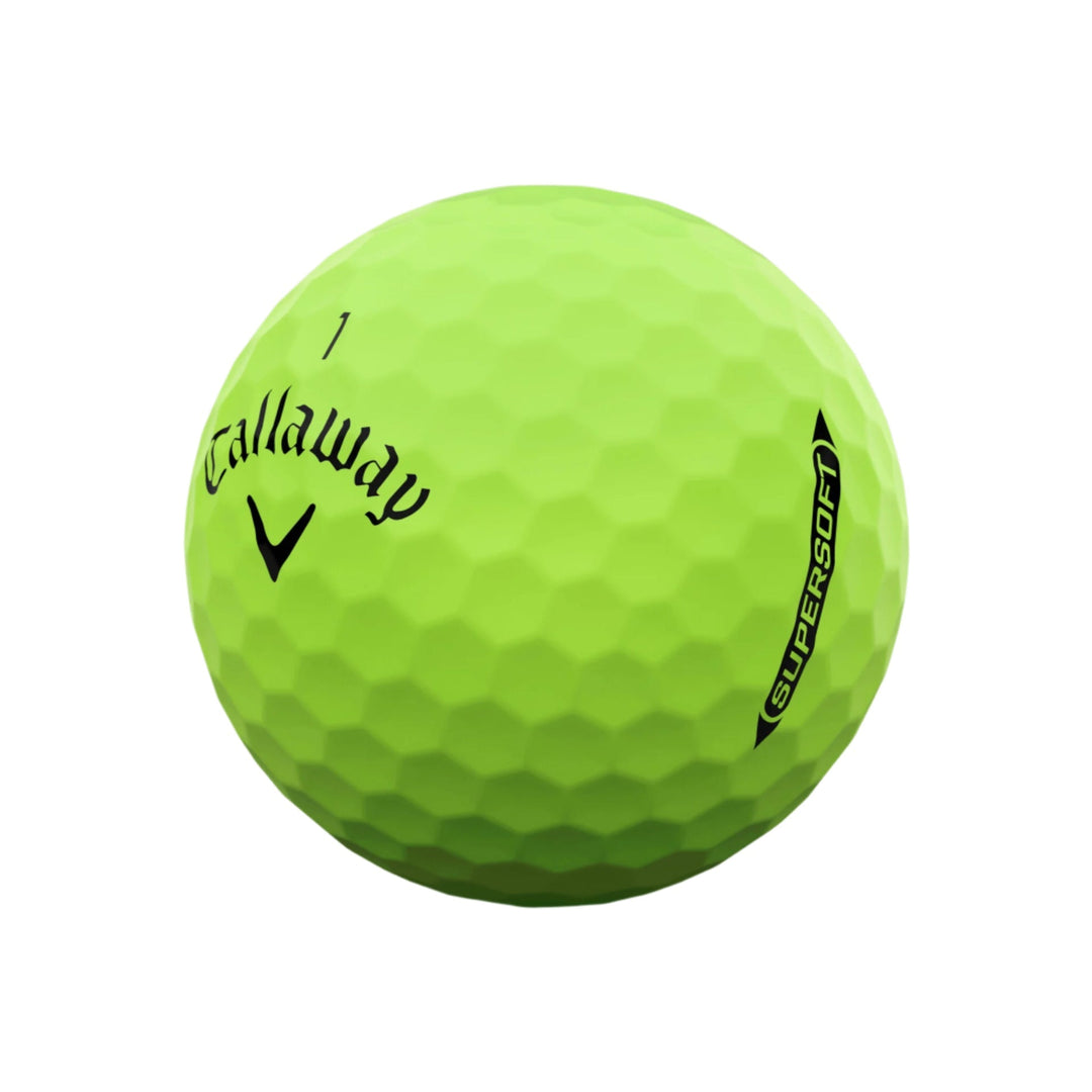Lime green callaway supersoft golf ball with dimpled surface and number ’1’’ on it.