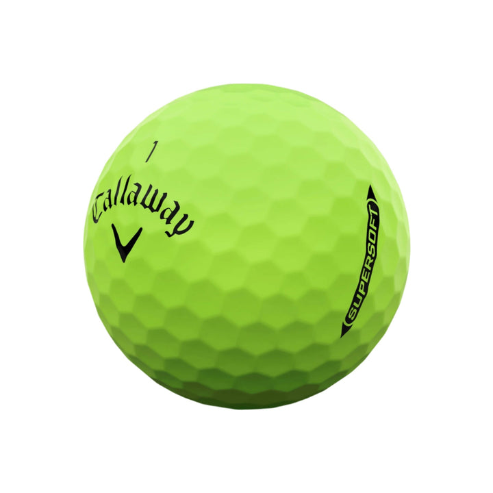 Lime green callaway supersoft golf ball with dimpled surface and number ’1’’ on it.