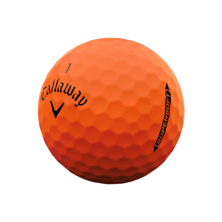 Orange callaway supersoft golf ball with dimpled surface and brand logo.