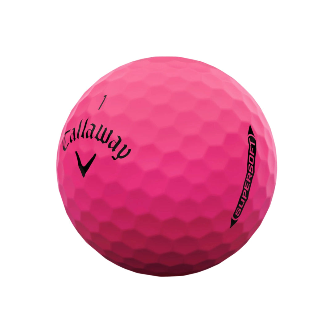 Pink callaway supersoft golf ball with dimpled surface and number ’1’’ on it.