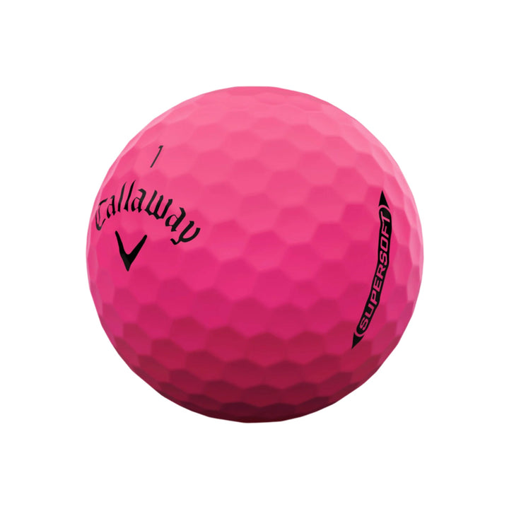 Pink callaway supersoft golf ball with dimpled surface and number ’1’’ on it.