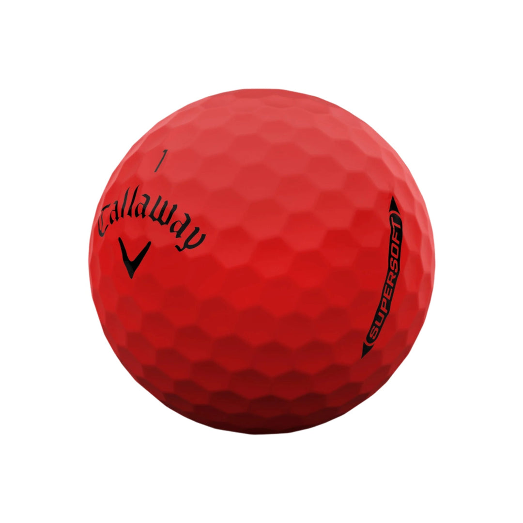 Red callaway supersoft golf ball with dimpled surface and brand logo.