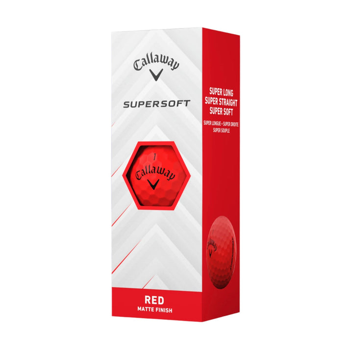 Red matte finish callaway supersoft golf ball box with logo and text details.