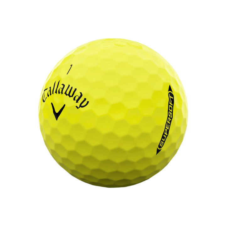 Yellow callaway supersoft golf ball with dimpled surface and black text.