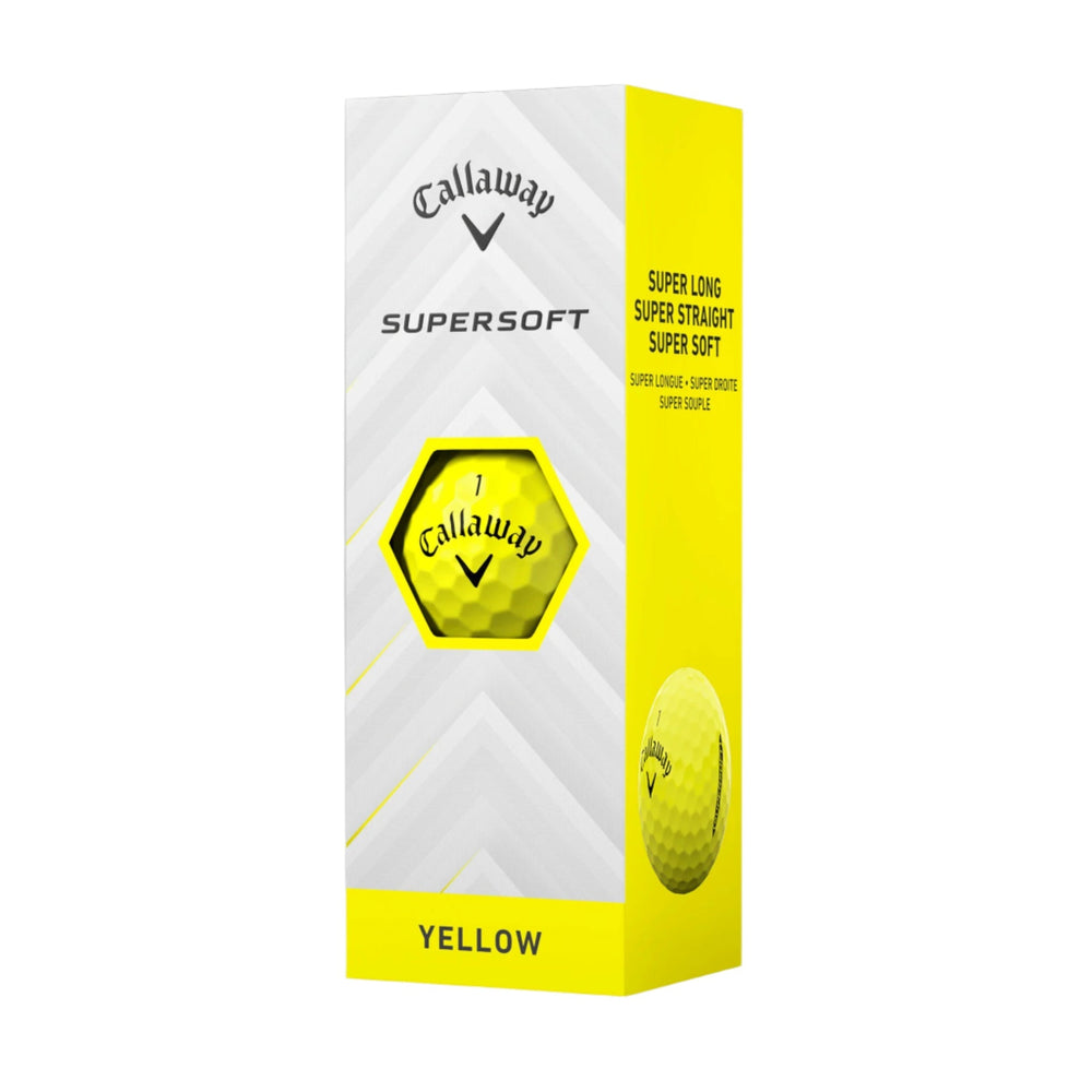 Yellow callaway supersoft golf balls in a box.