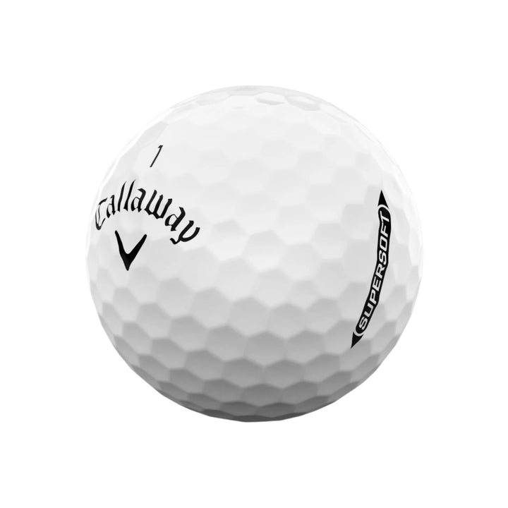 Callaway supersoft golf ball, white with dimpled surface.