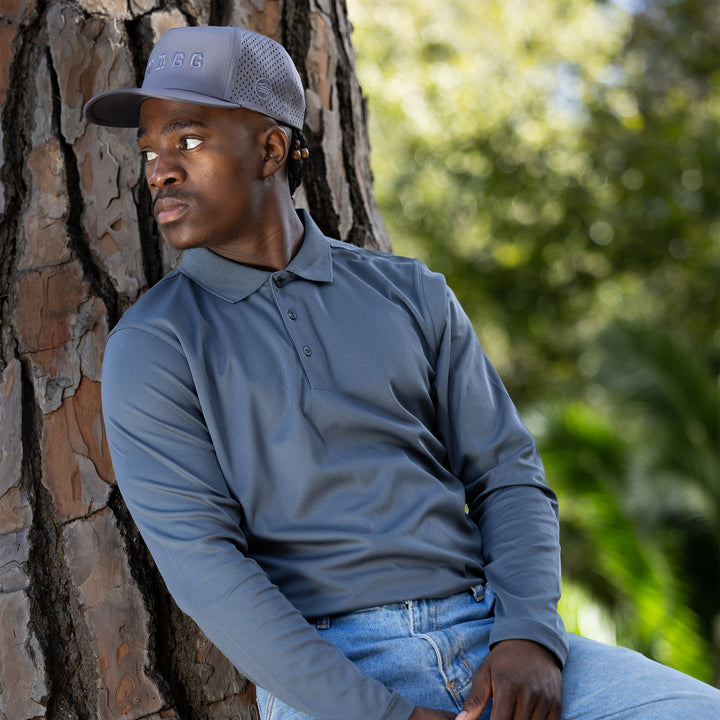 Blue mesh baseball cap with adjustable strap and logo