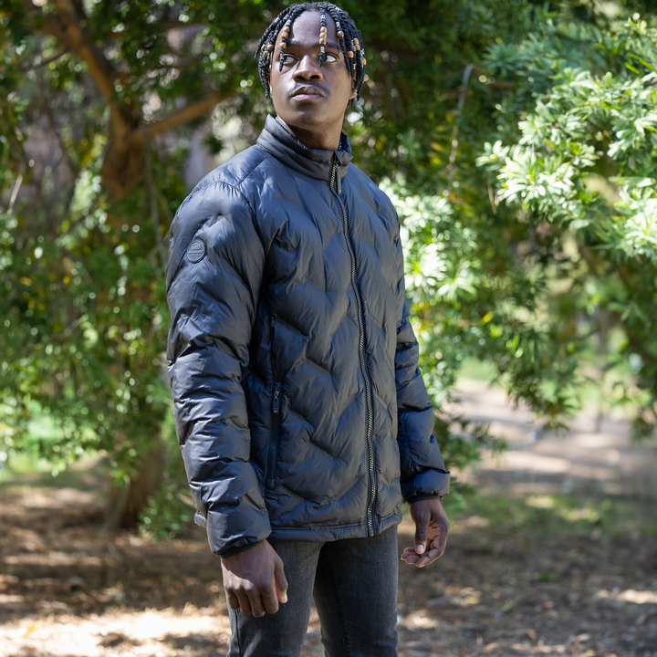 Mens Quantum Puffer Jacket dark blue quilted hooded puffer