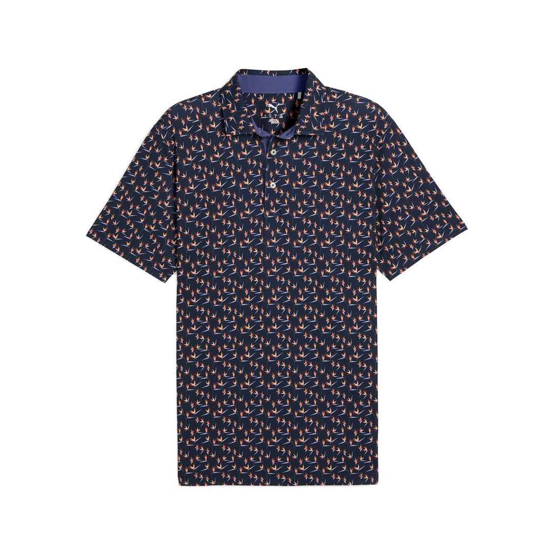 Navy blue short-sleeved polo shirt with anchor print and contrast collar, likely made of cotton or polyester blend.