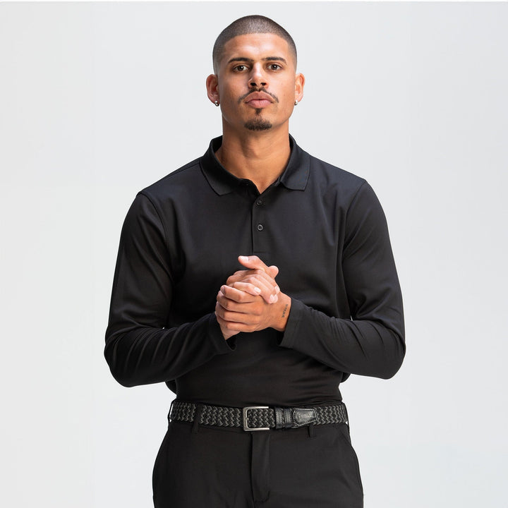 Black long-sleeve Nike Dri-FIT inspired performance golfer polo shirt
