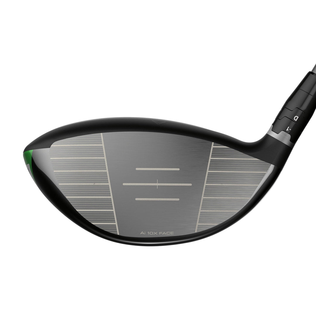 Black and silver golf club head with a sleek design, featuring grooves for improved ball spin.