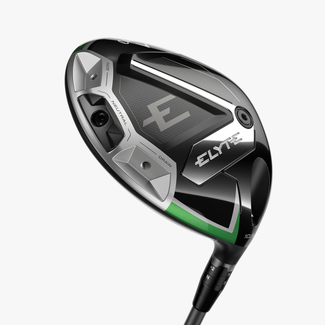 Elyte golf driver with black and silver accents, featuring a sleek design.