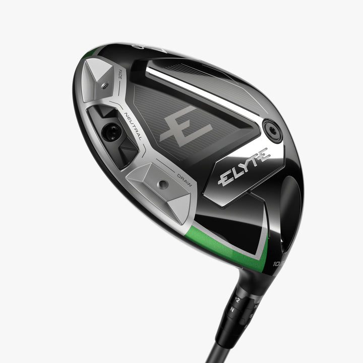 Elyte golf driver with black and silver accents, featuring a sleek design.