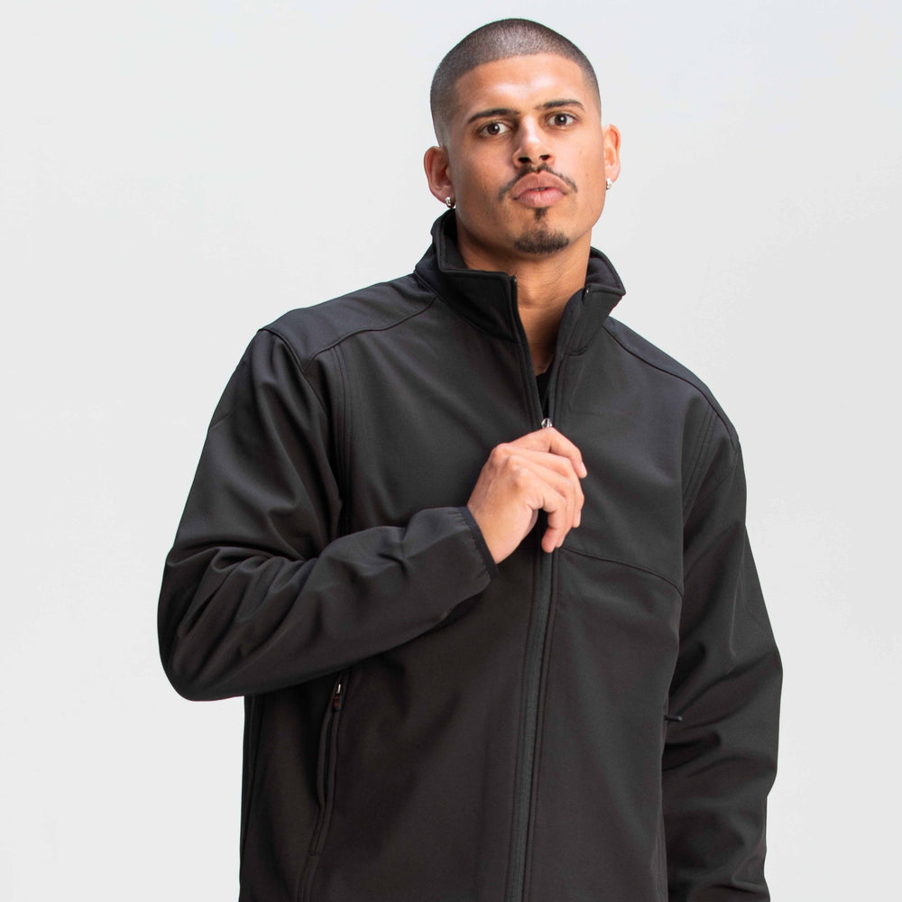 Men’s Prestige Softshell Jacket: black zip-up with textured fabric and contrast stitching