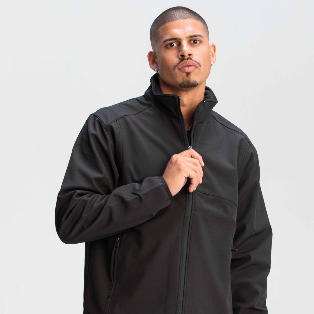 Men’s Prestige Softshell Jacket: black zip-up with textured fabric and contrast stitching