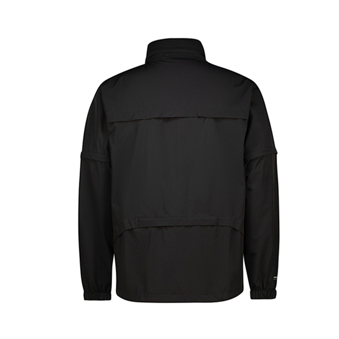 Black tactical jacket with multiple pockets and a high collar, likely made of nylon or polyester.