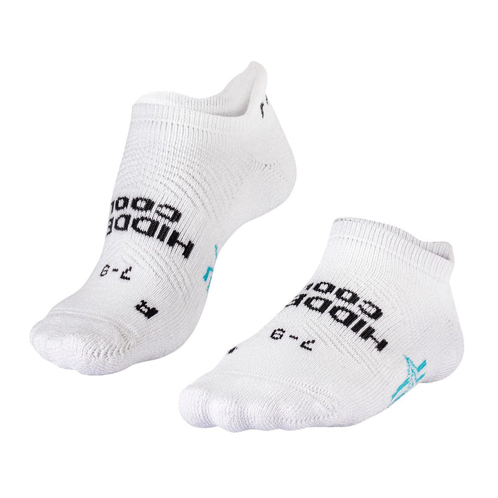 White athletic socks with teal accents and ’hidecool’ text, size 7-8.
