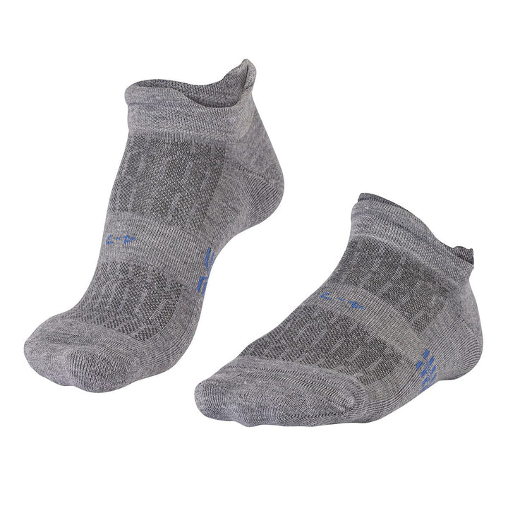 Gray Falke merino wool golf socks with blue accents and cushioned soles
