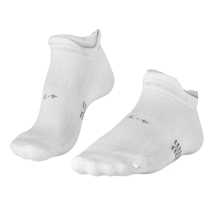 White ankle socks with gray logo and text, likely made of cotton or synthetic blend.