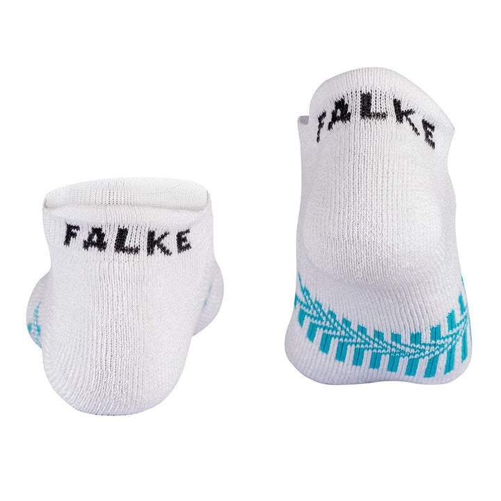 White Falke ankle golf socks with teal accents and logo