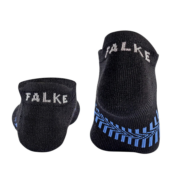 Black Falke ankle golf socks with blue stitching and hidden cool logo
