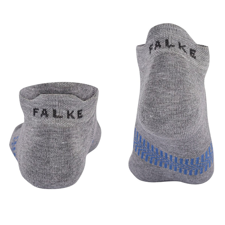 Falke gray ankle golf socks with blue stripe and logo