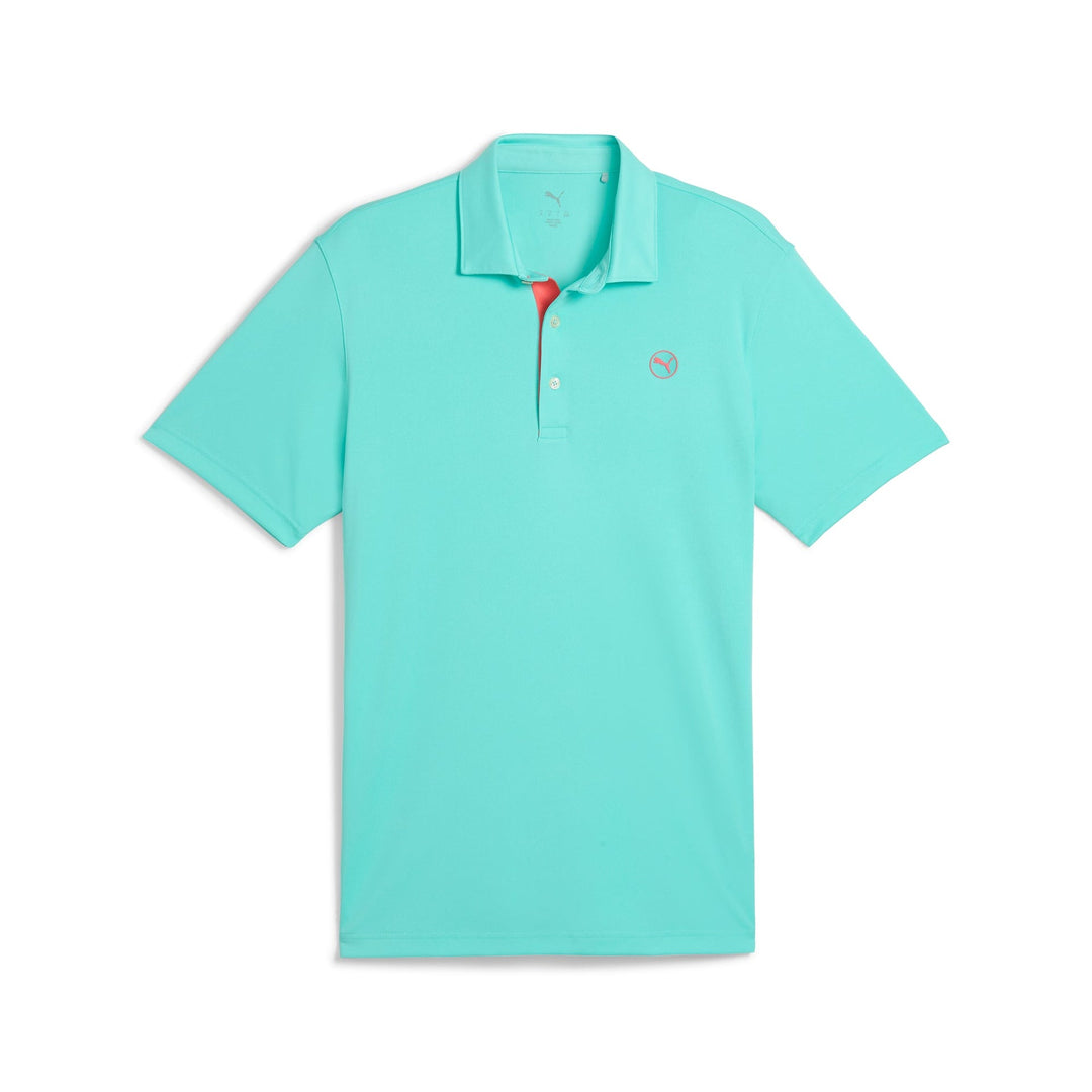 Teal polo shirt with a white logo and red accents.
