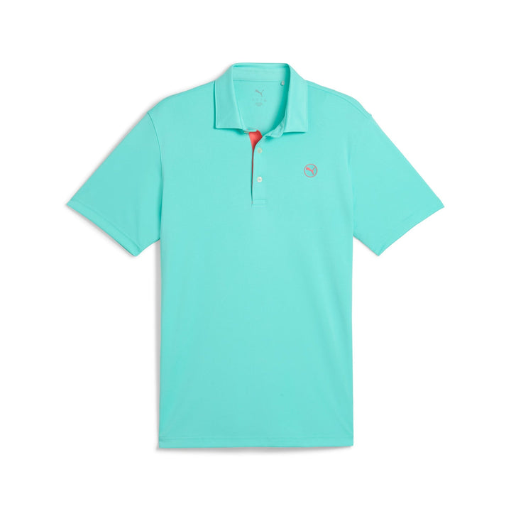 Teal polo shirt with a white logo and red accents.