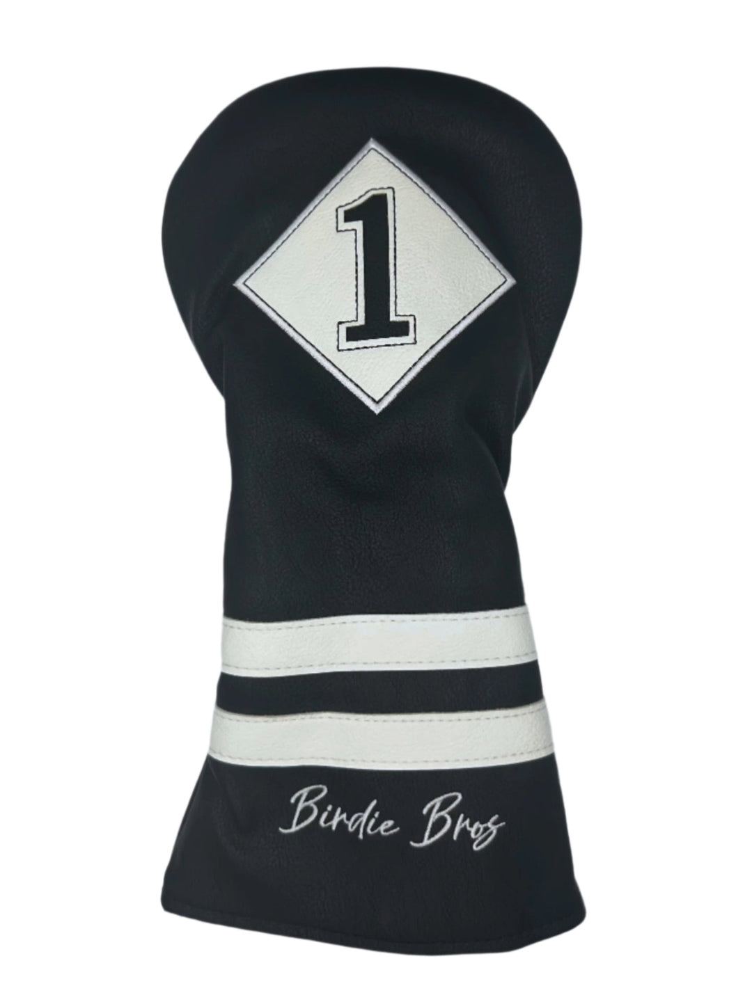 Black and white golf club head cover with ’birdie bros’ branding.